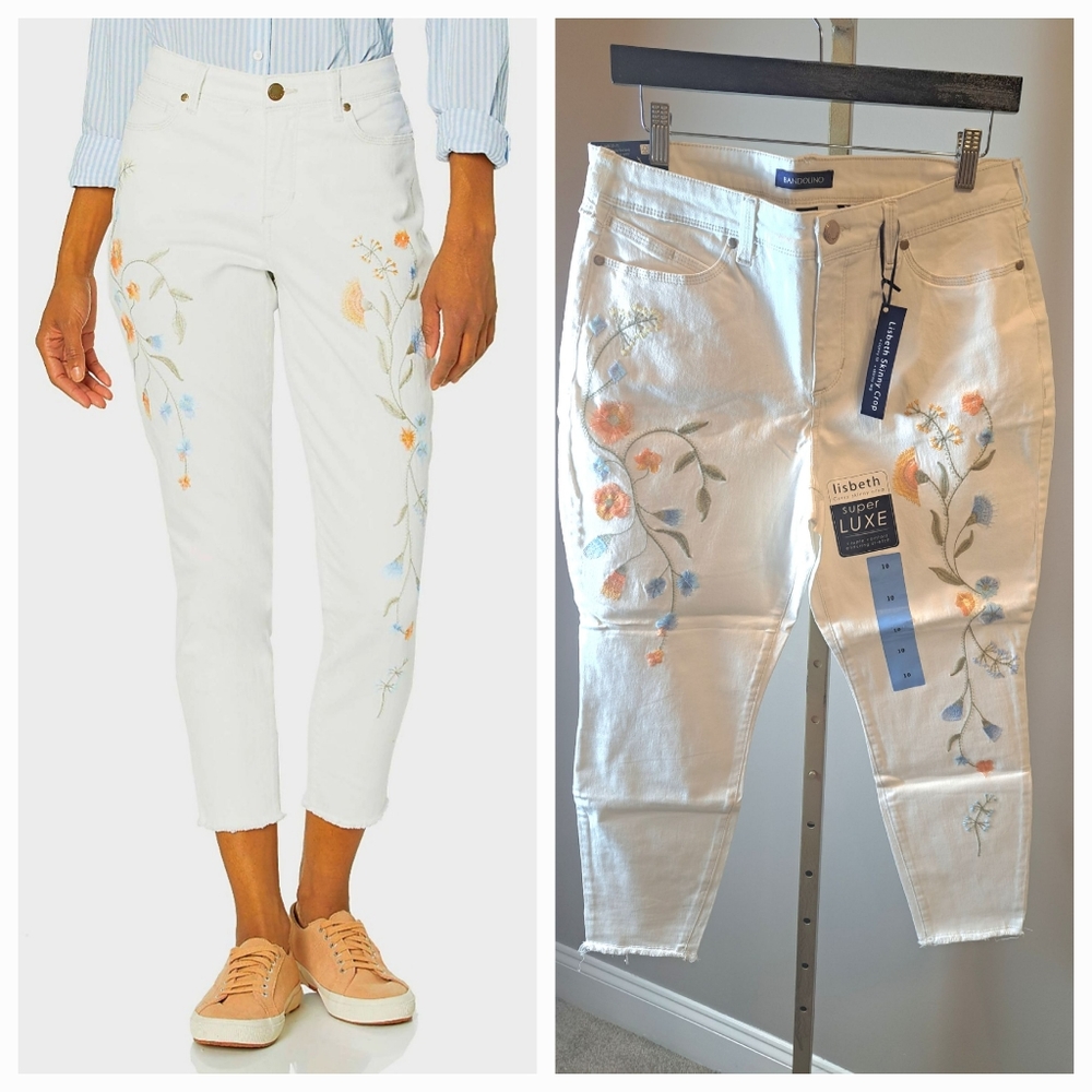 Bandolino Lisbeth Curvy Skinny Crop White Jeans With Flowers Embroidery
